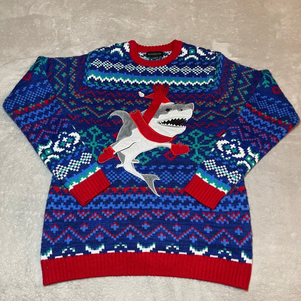 Blizzard Bay Sweater Mens Medium Blue Ugly Christmas Shark Fair Isle Knit Casual
